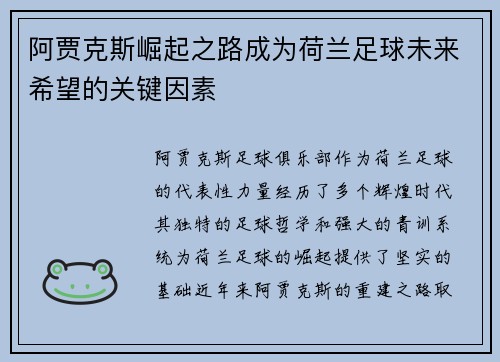 阿贾克斯崛起之路成为荷兰足球未来希望的关键因素