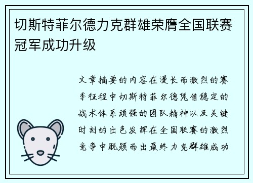 切斯特菲尔德力克群雄荣膺全国联赛冠军成功升级